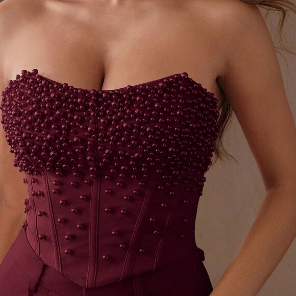 Tops - Burgundy Elegant Beaded Strapless Bodycon Women's corset Top
